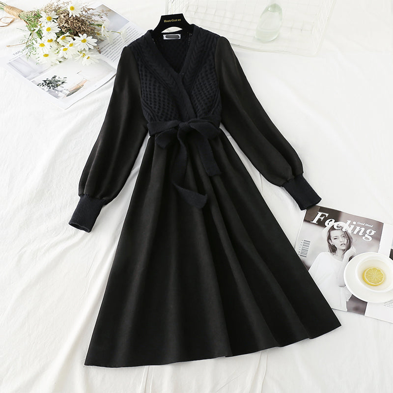 New V-neck twist knit stitched bubble sleeve knee length small black skirt  4760