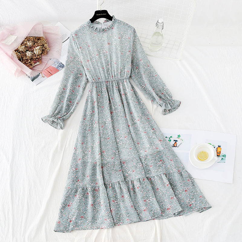 New style fungus Ruffle Skirt round neck slim Chiffon Dress  4834