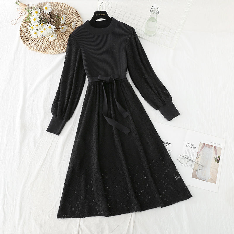Knit dress with coat lace stitching  4788