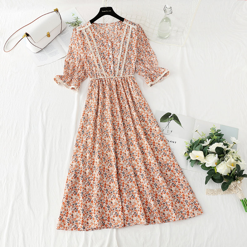 Lady floral dress tea break skirt French Vintage chiffon long skirt  4874