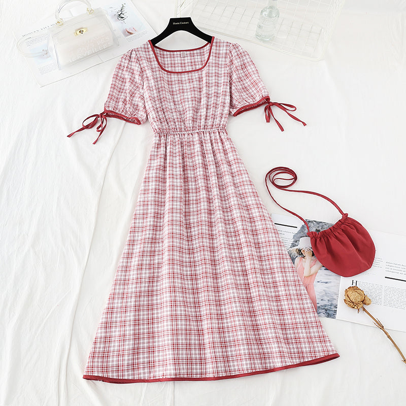 Fresh lace up thin high square neck Red Plaid Dress female  4689