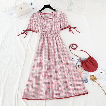 Fresh lace up thin high square neck Red Plaid Dress female  4689