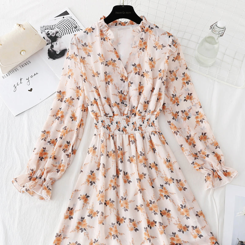 New female V Neck elastic waist Floral Dress Chiffon Skirt  4813