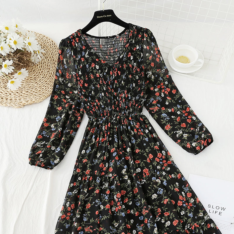 New French minority long skirt with pleated waist and thin A-line skirt  4832