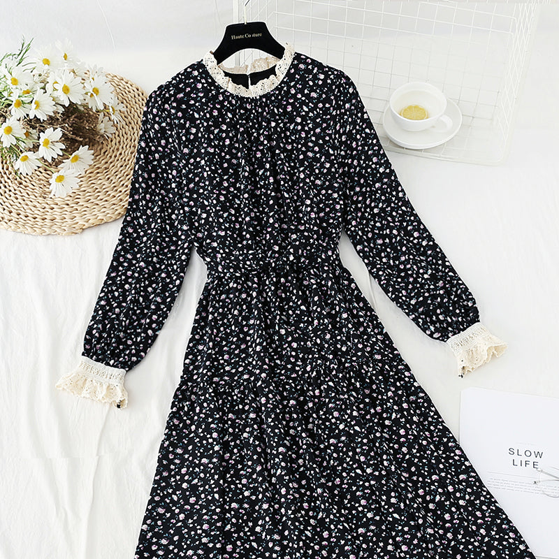 French retro floral dress slim chiffon long skirt  4829