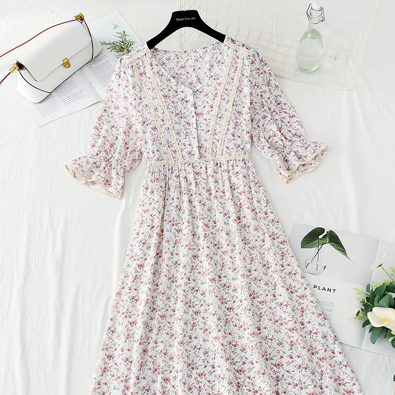 Lady floral dress tea break skirt French Vintage chiffon long skirt  4874