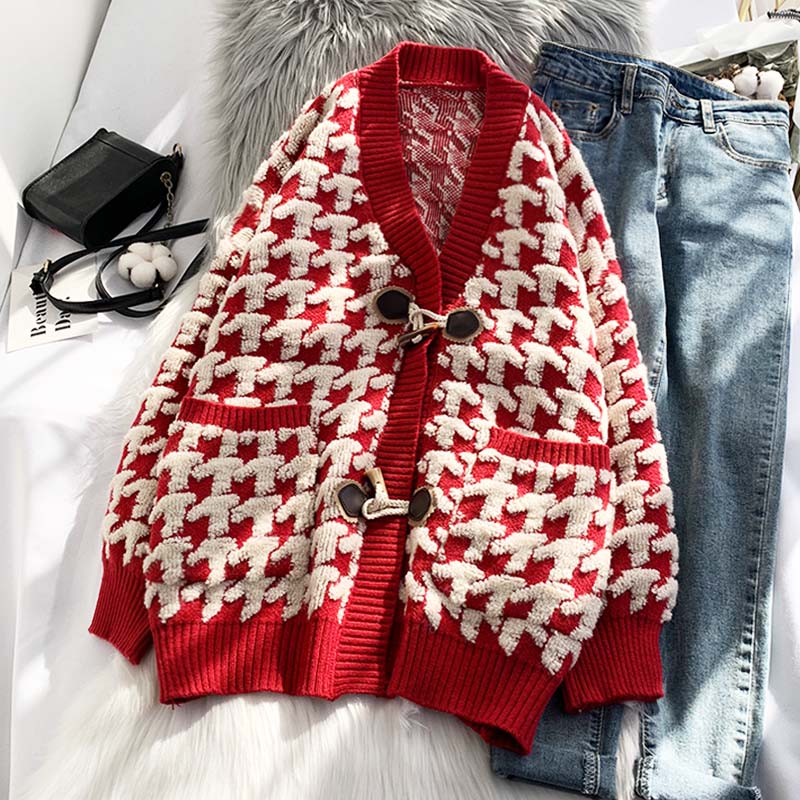 Thousand bird lattice ox horn buckle sweater coat female  4925