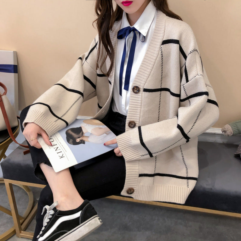 Harajuku Pullover Cardigan Plaid locker und vielseitig 4913