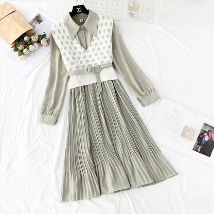 French retro wave point vest long skirt two-piece suit  4732