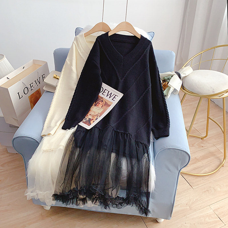 Mesh stitched loose long wool dress  4941