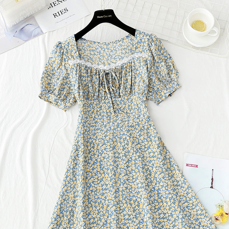 New style gentle wind sweet square collar lace temperament small skirt  4860