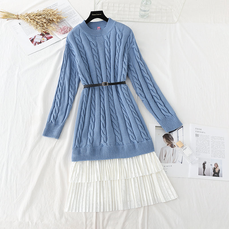 New lace up stitching fake two pleated inner bottom sweater skirt  4755