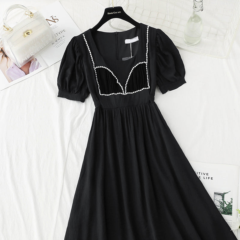 New French bubble sleeve small skirt square neck Fairy Dress  4867