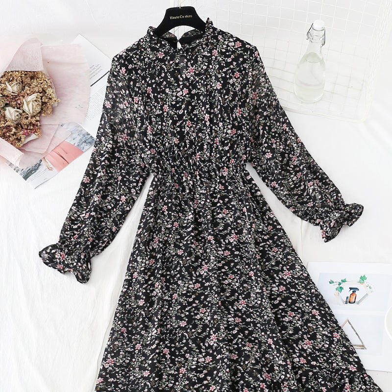 New style fungus Ruffle Skirt round neck slim Chiffon Dress  4834