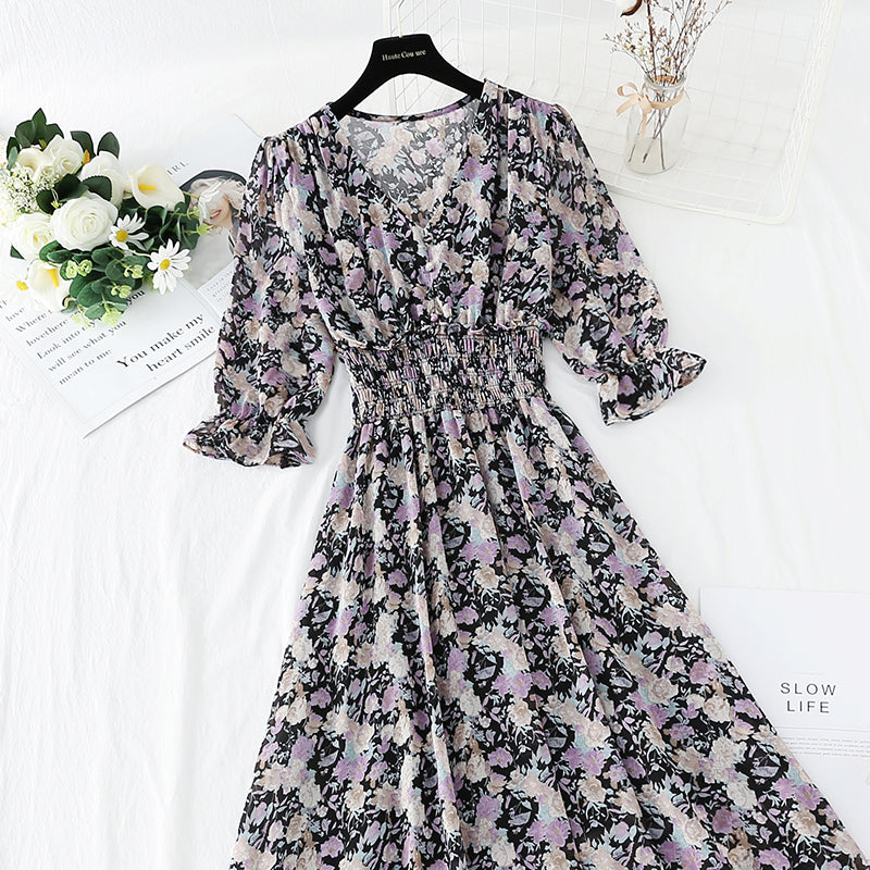 New French retro gentle fairy long skirt Short Sleeve Chiffon first love skirt  4854