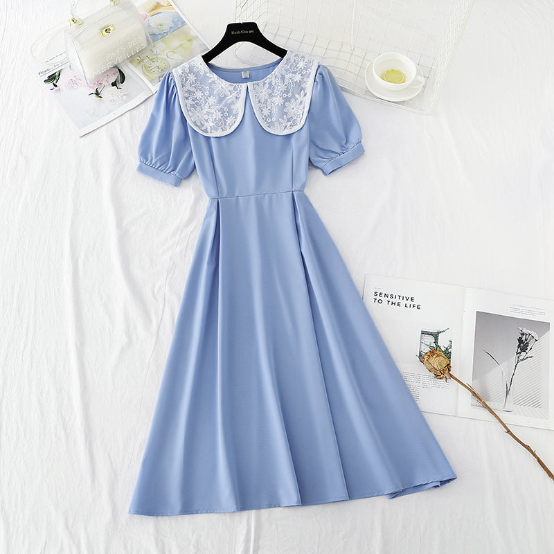Lace doll Neck Chiffon Dress with slim waist  4855