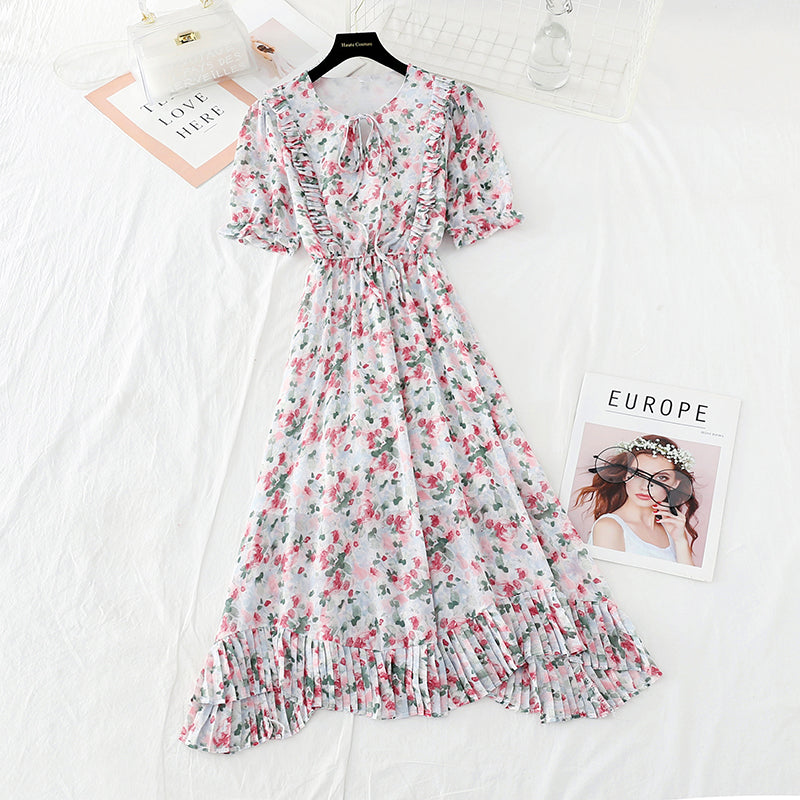 New gentle wind fairy waist closing thin Bubble Sleeve Chiffon Skirt  4624