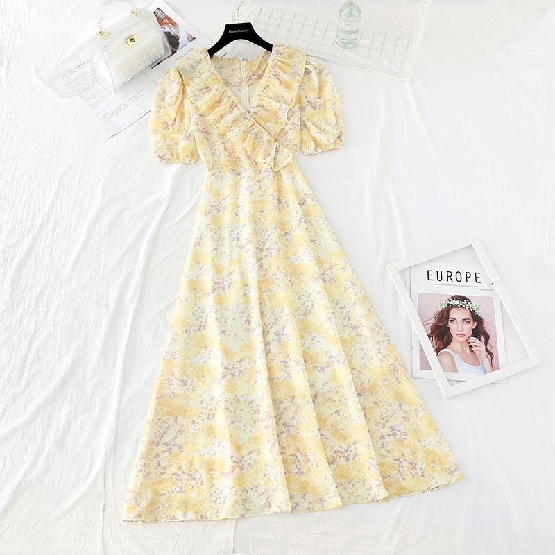 New style slim waist, gentle wind, broken Flower Chiffon French dress  4648