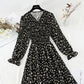 Pleated knee length floral dress gentle wind thin temperament slim skirt  4808