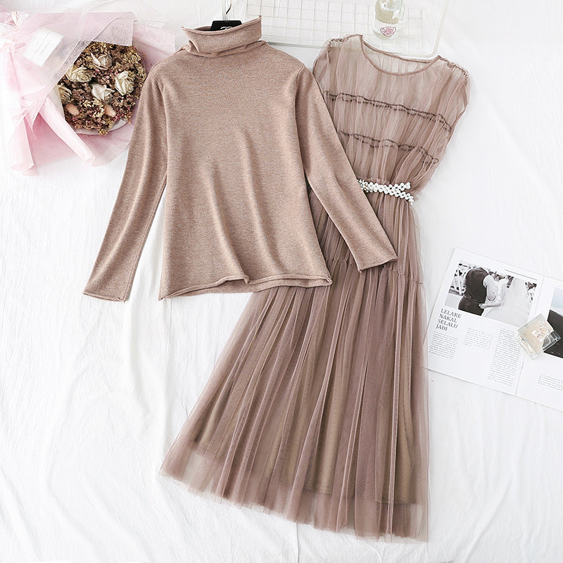 Zweiteiliges Set aus Mesh-Westenrock und hochgeschlossenem Hemd 4578