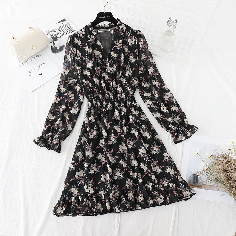 New female V Neck elastic waist Floral Dress Chiffon Skirt  4813