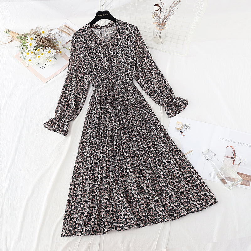 New Chiffon bow pleated skirt elastic waist thin age reducing Floral Dress  4807