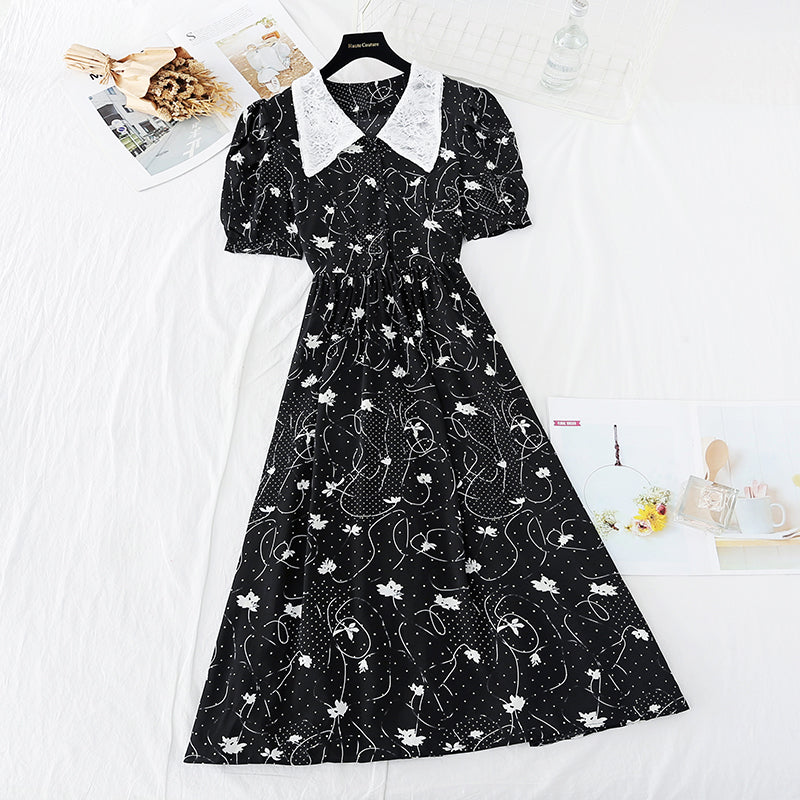 Lace doll neck with waist closed to show thin French gentle wind long skirt  4626