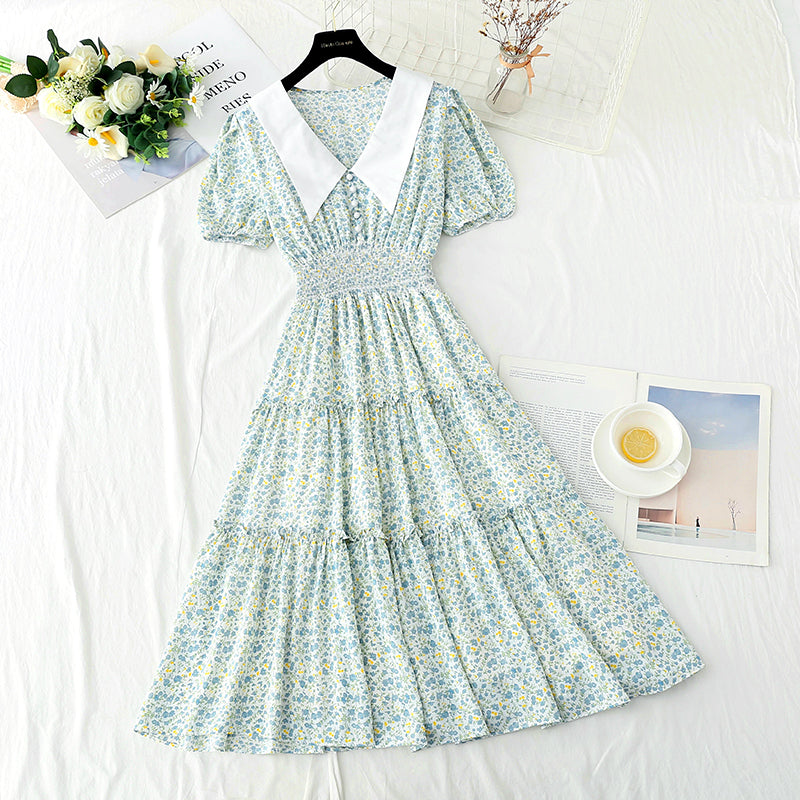 New doll collar skirt bubble sleeve floral medium length skirt  4877