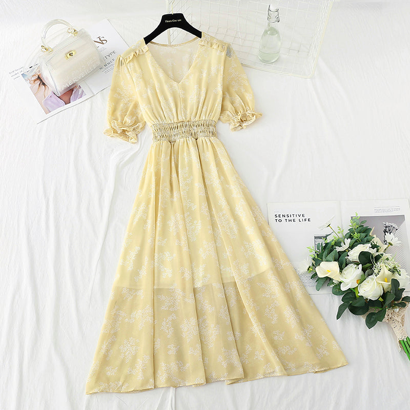 New French gentle V-neck Bubble Sleeve Chiffon fairy skirt  4876