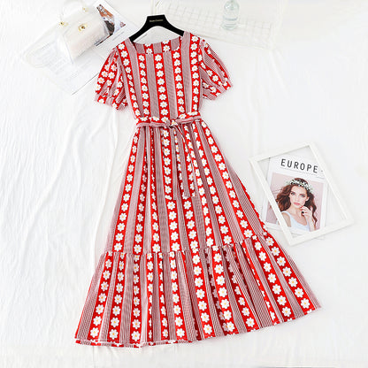 New dress Daisy stripe waist closing slim French minority dress  4645