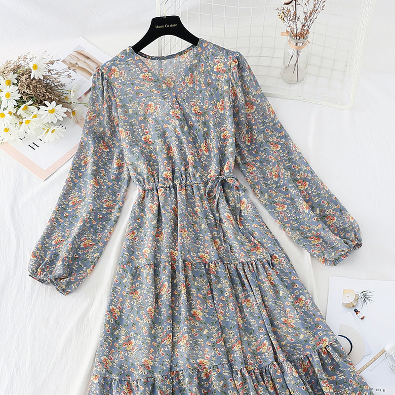 V-neck lace up waist Floral Dress  4798