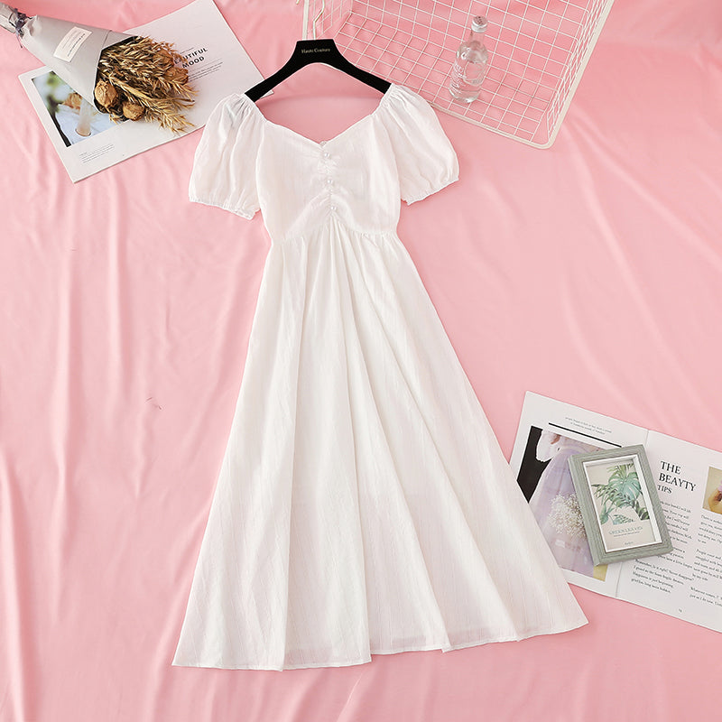 New French retro bubble sleeve chicken heart neck waist dress  4674