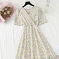 Floral Chiffon Dress gentle wind long skirt sweet V-neck  4859