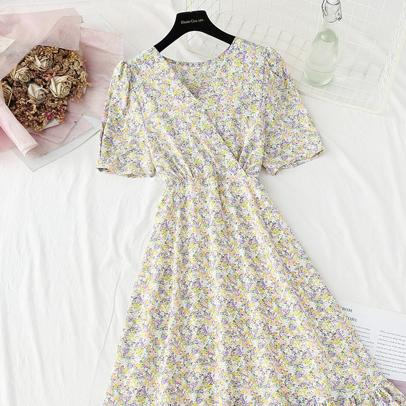 Floral Chiffon Dress gentle wind long skirt sweet V-neck  4859