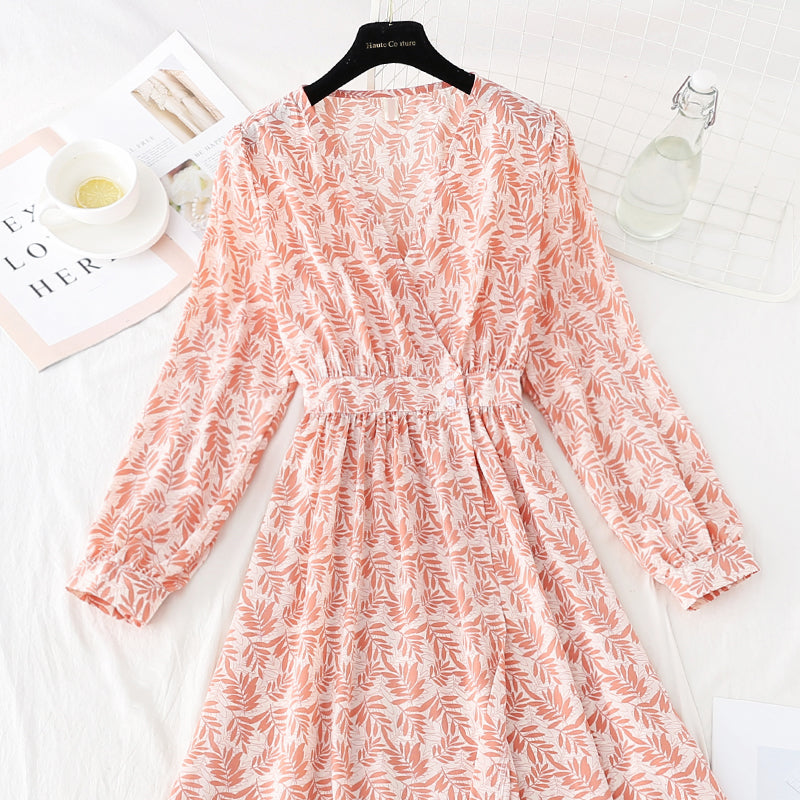 V-neck waist closing Chiffon Dress slim and light mature wind floral skirt  4806