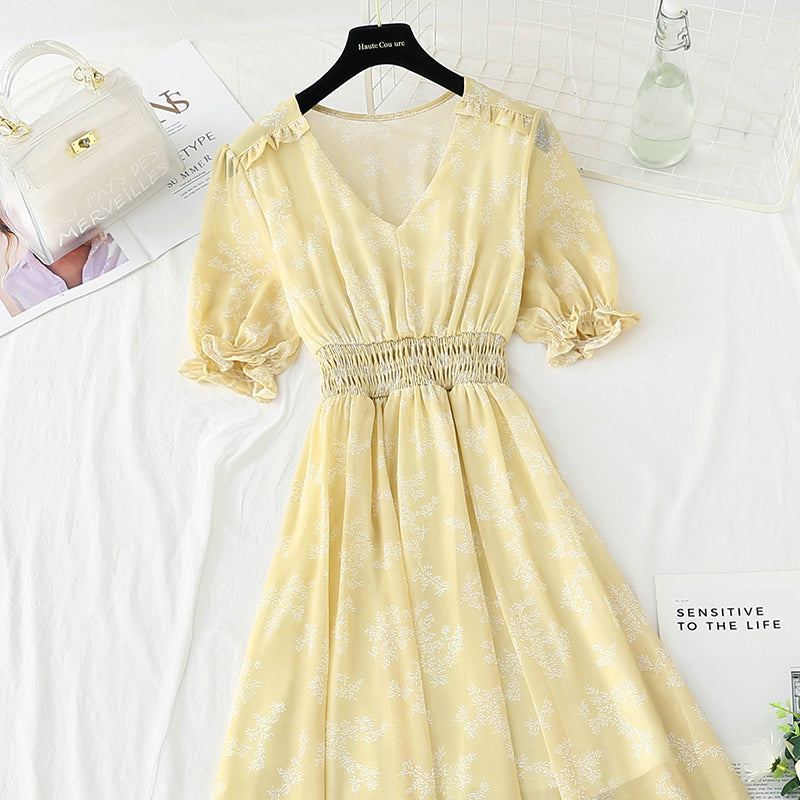 New French gentle V-neck Bubble Sleeve Chiffon fairy skirt  4876