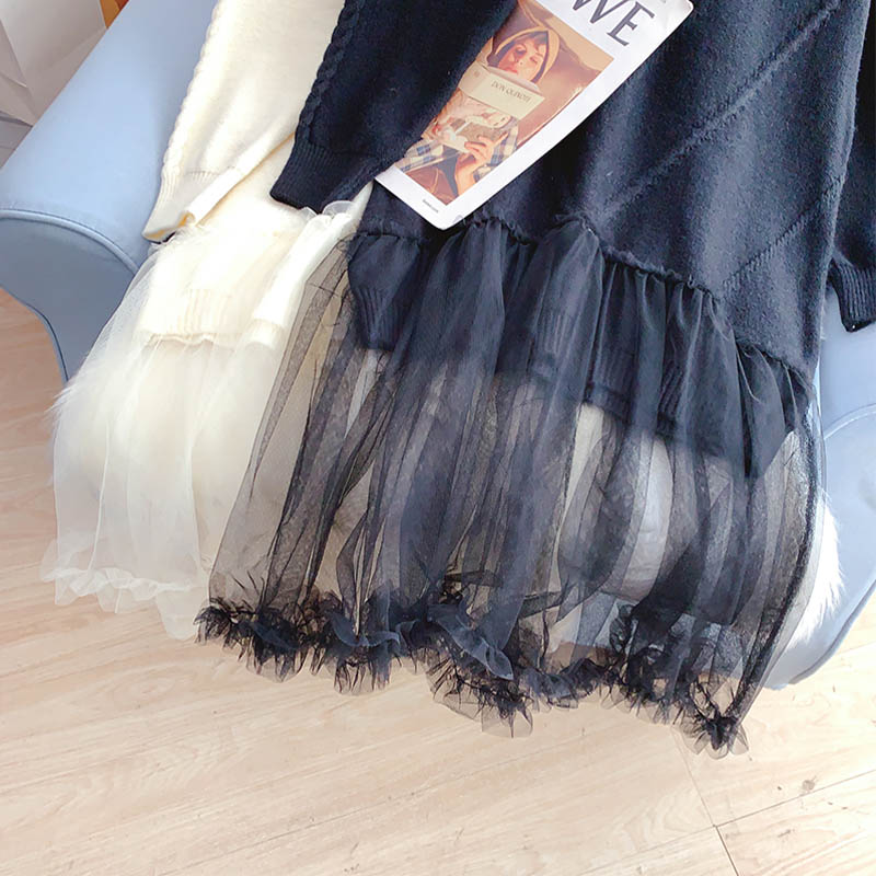 Mesh stitched loose long wool dress  4941