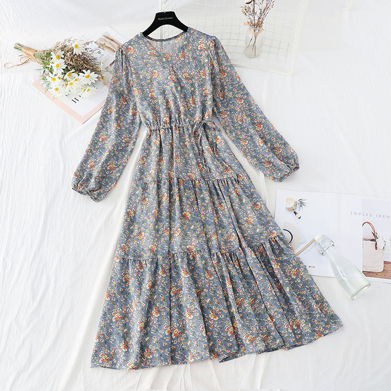 V-neck lace up waist Floral Dress  4798