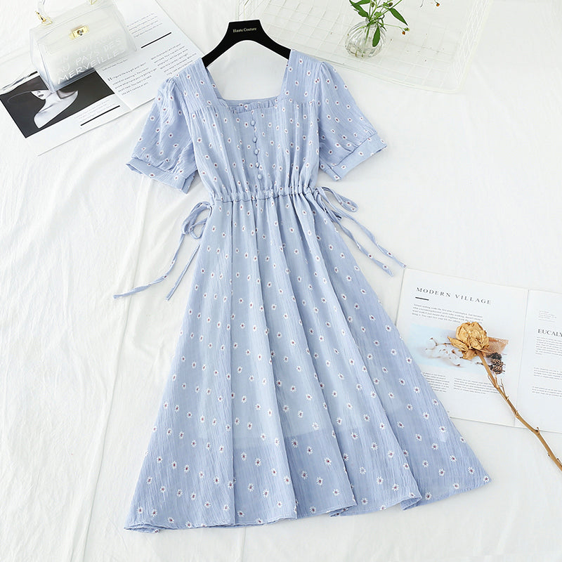 Square neckline Floral Chiffon Skirt French waist closing slim  4665