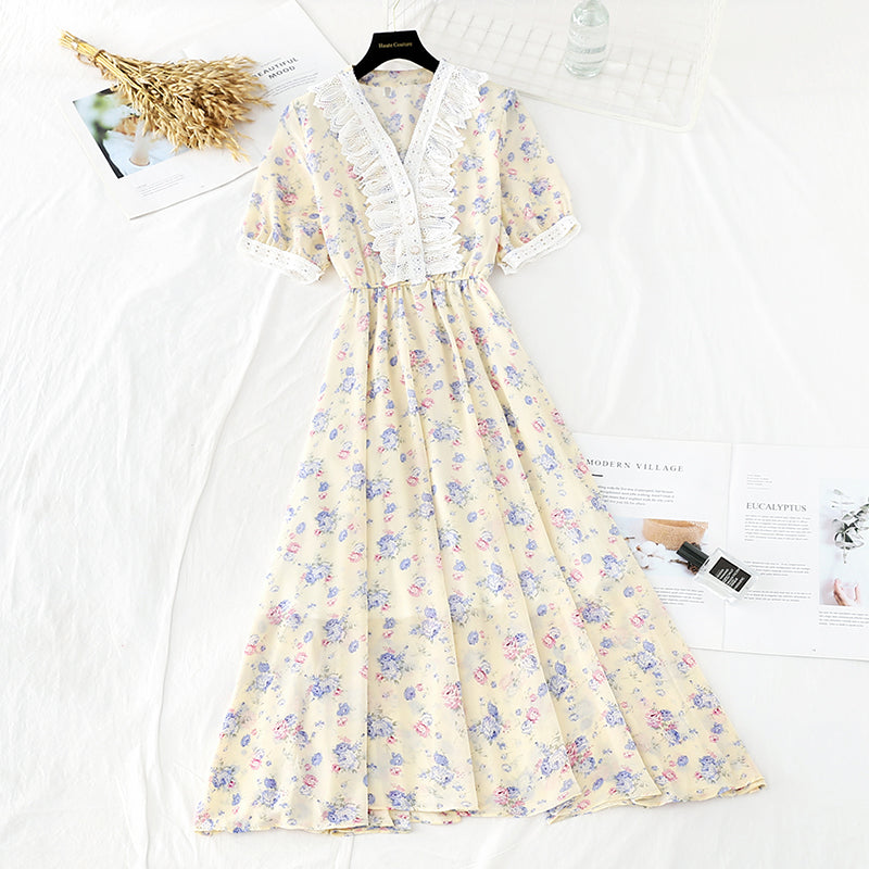 New soft wind floral skirt, slim waist, French minority dress  4643