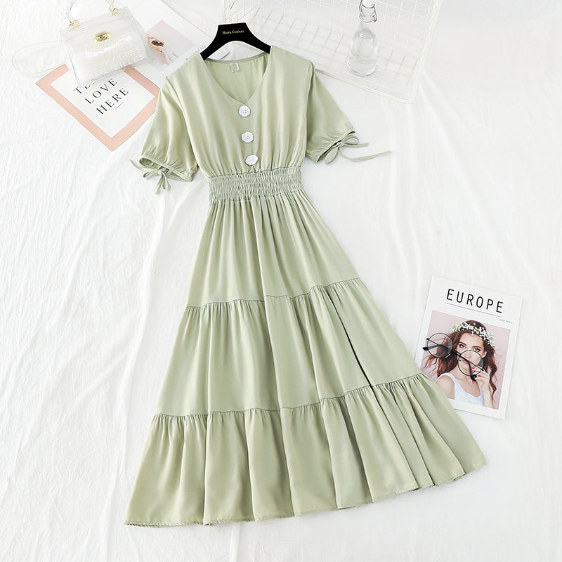 New French fairy long skirt V Neck waist long skirt retro cool style  4637