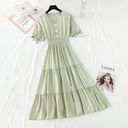 New French fairy long skirt V Neck waist long skirt retro cool style  4637