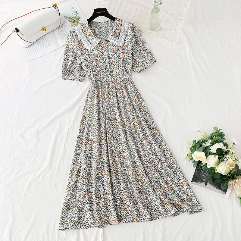 Sweet lace doll neck floral dress gentle wind dress  4856