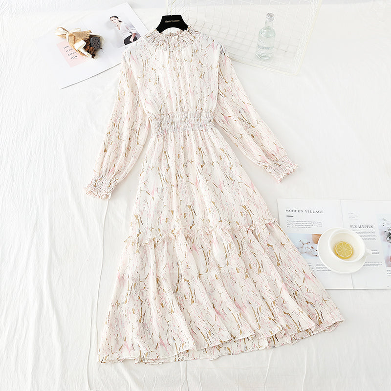 Long sleeved floral dress with slim waist  4713