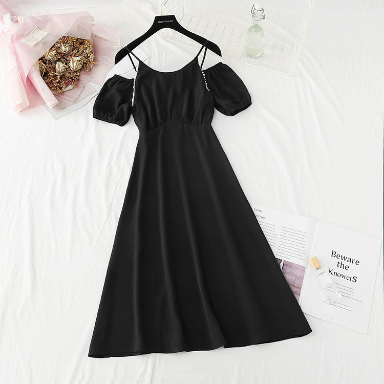 New French pearl off shoulder sling small skirt Bubble Sleeve Chiffon Skirt  4870