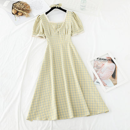 Slim waist, square neck, super immortal French retro long skirt  4660