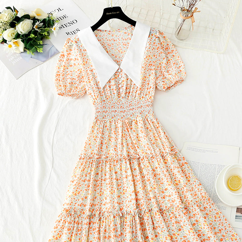 New doll collar skirt bubble sleeve floral medium length skirt  4877