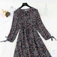 New long sleeve waistband lace up thin Chiffon gentle wind Floral Dress  4719