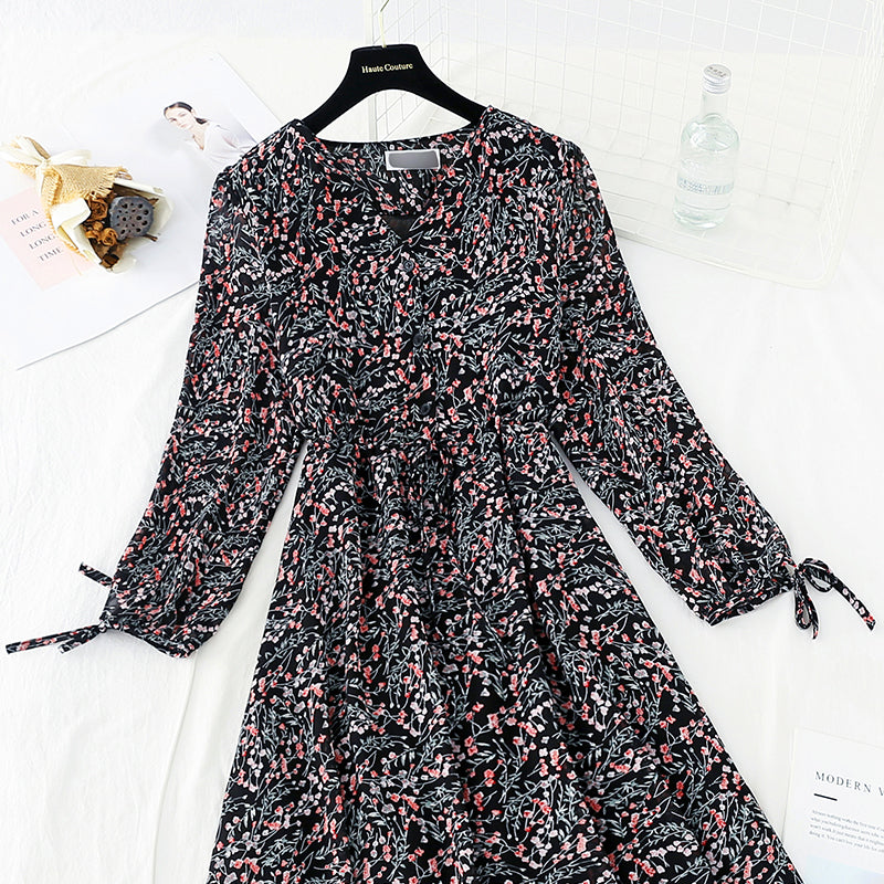 New long sleeve waistband lace up thin Chiffon gentle wind Floral Dress  4719