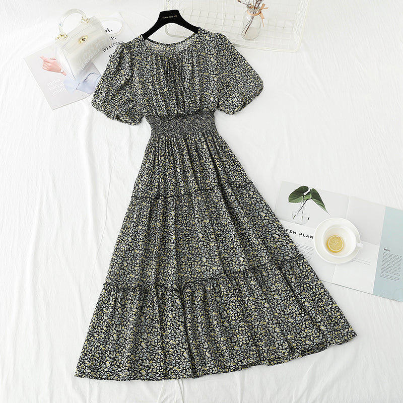 Gentle wind floral dress sweet fairy skirt bubble sleeve A-line skirt  4894